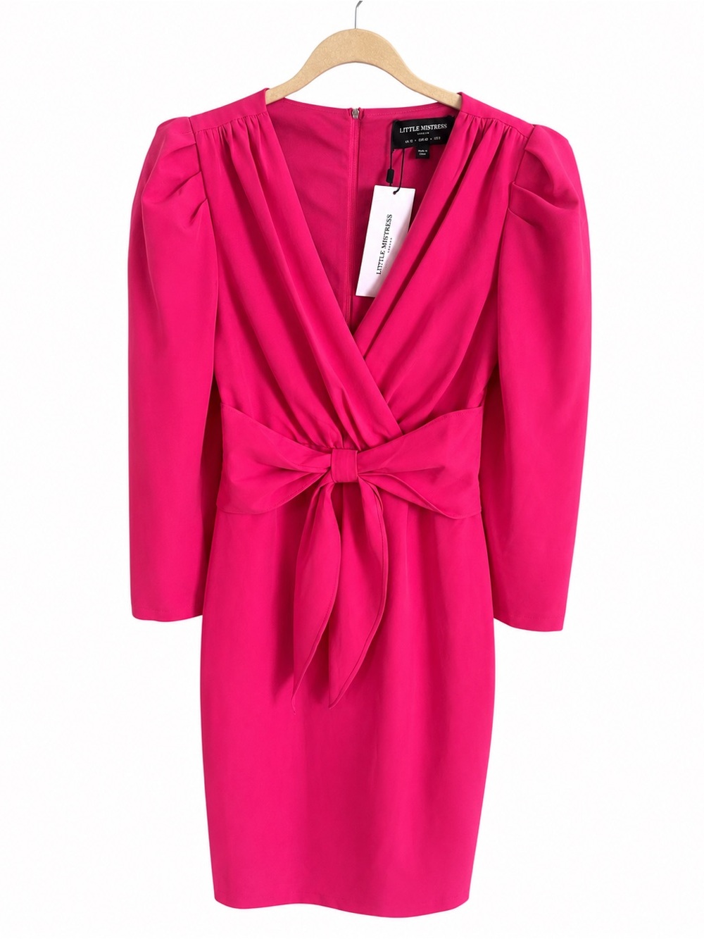 Little Mistress Fuchsia Tie-Waist Long Sleeve Dress